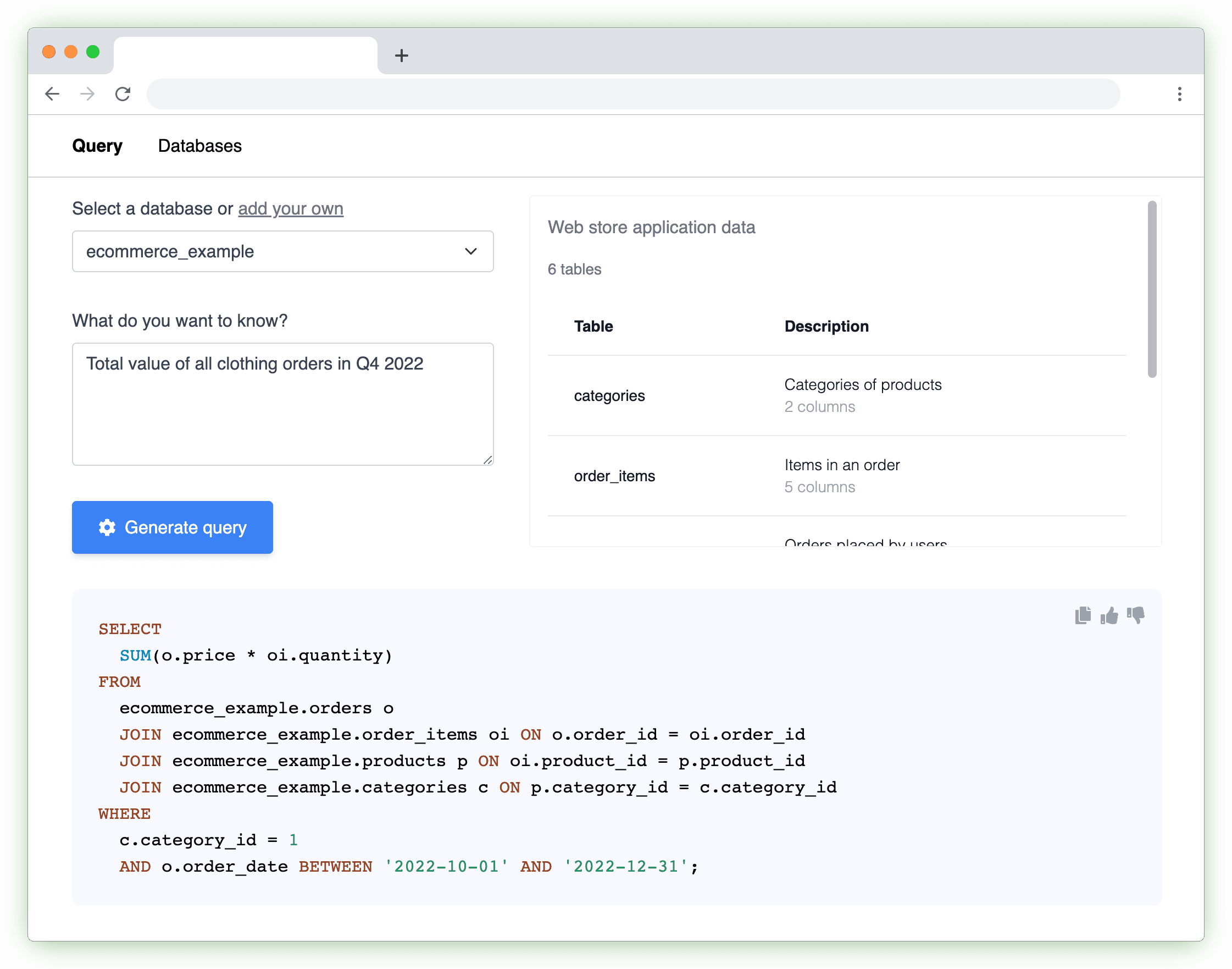Generate database queries from natural language